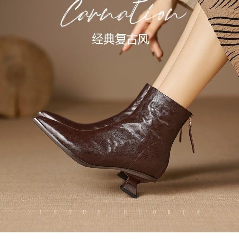 

Fashion Women s Naked Boots 2025 Fall New French Retro Pointed Toe Cat Heel Booties 34 коричневый