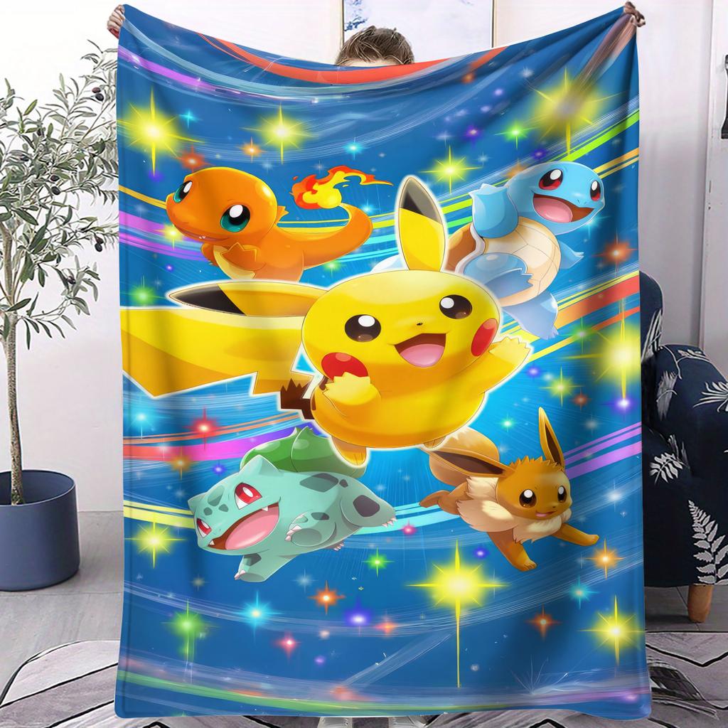 Pokémon Anime Flannel Blanket Vibrant Pikachu Ash Print Soft Warm Throw Sofa Bed Cover Camping Nap Cape Kids Adults Fans Gift