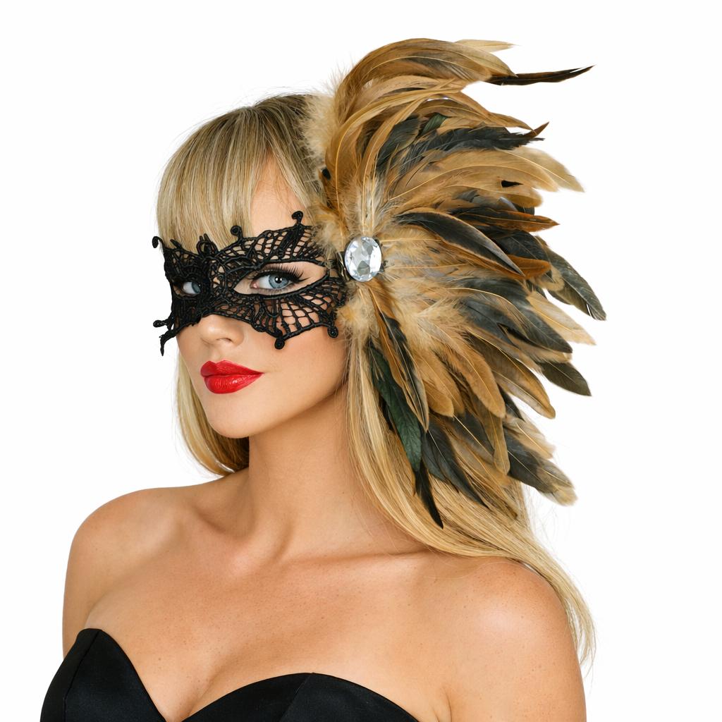 Feather Side Headpiece with Lace Eye Mask for Carnival Parade Masquerade Ball Mardi Gras Party Samba Dance Costume Outfit
