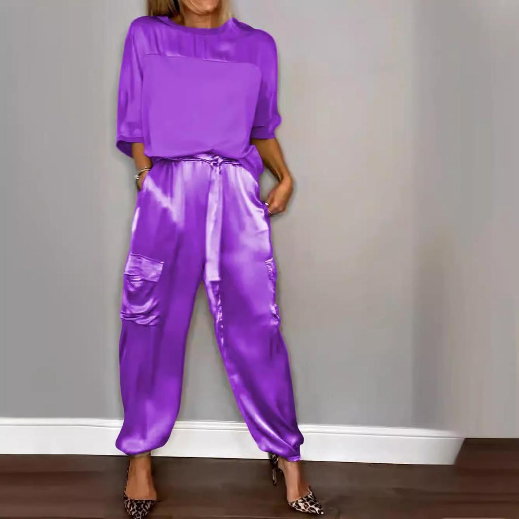 2024 European & American Women's Satin Half-Sleeve Top and Pants Two-Piece Set
