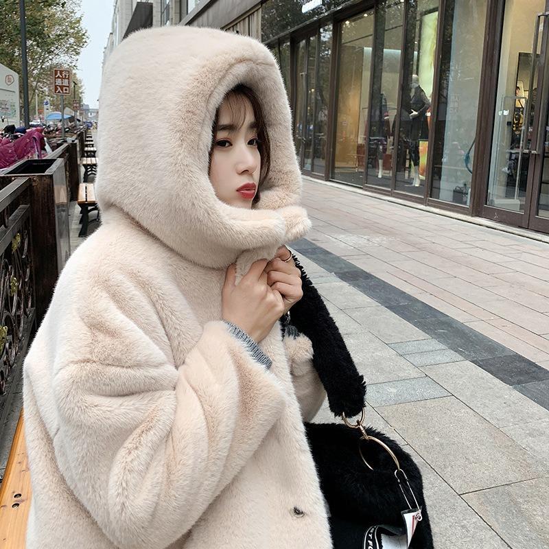 Furry jacket women's large size autumn and winter thickened imitation mink hair medium and long hooded loose plush imitation fur coat