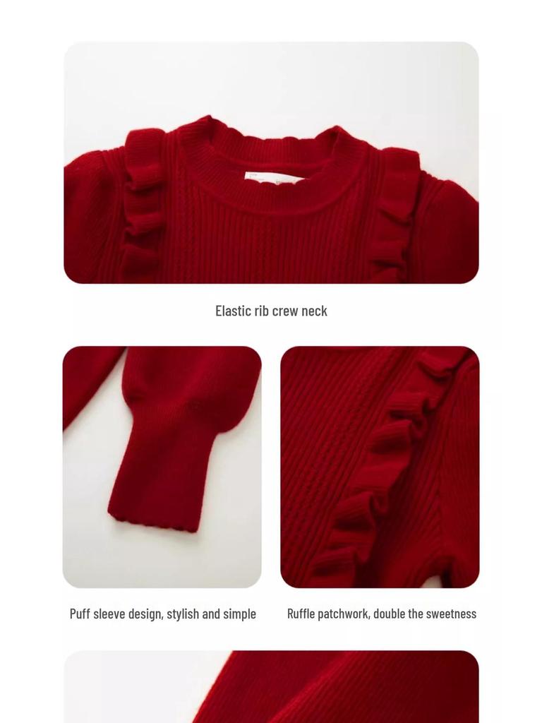 Girls' Long Sleeve Red Woolen Knit Dress – Stylish New Year Outfit for Older Children