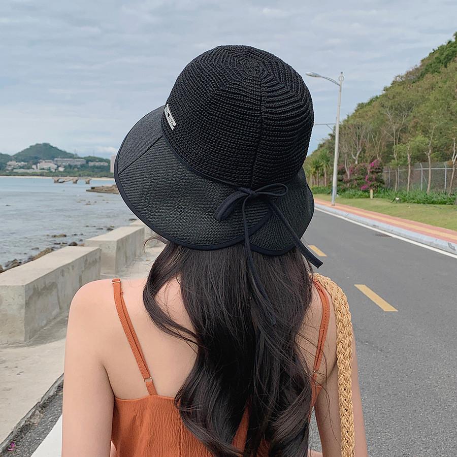 Stylish Black Paper Straw Fisherman Hat With Butterfly Bow Wide Brim Sun Bucket Hat