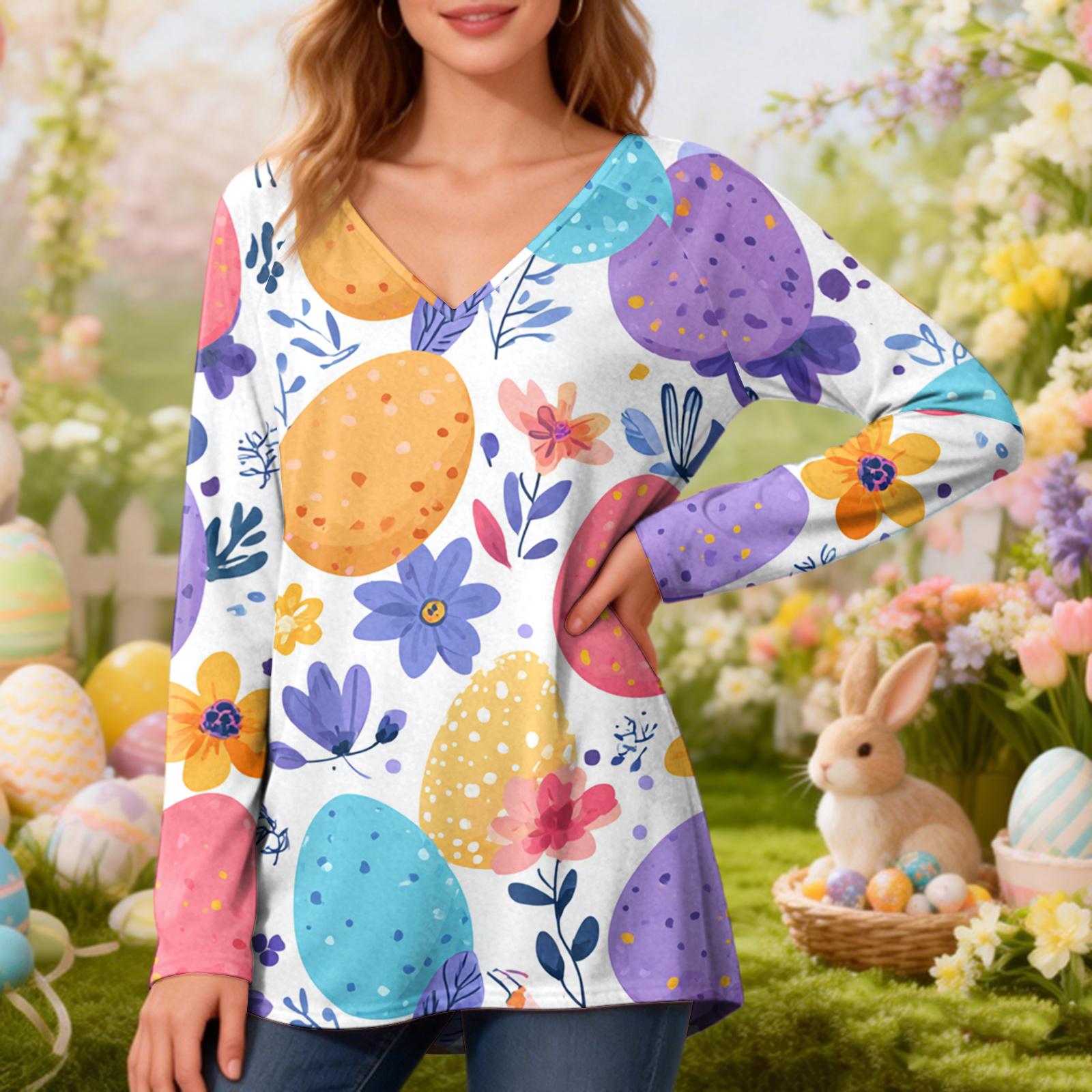 

Women s Fashionable Casual Long-Sleeved Easter Print V-Neck Mid-Length Top XL білий