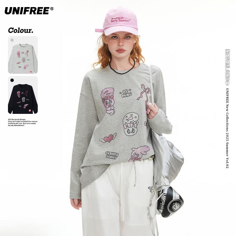 

UNIFREE Loose Rhinestone Long-Sleeve T-Shirt s