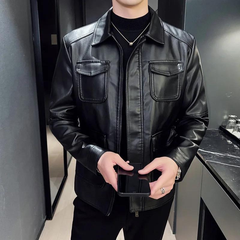 2026 Neue Herren Freizeit Lederjacke Mehrere Taschen Einfarbige Revers Motorradmantel Herbst Oberbekleidung Mode Biker Locker Streetwear