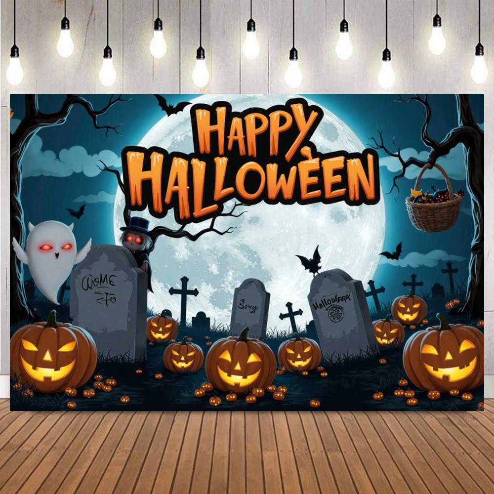 Cartoon Halloween Photo Background Tombstone Full Moon Ghost Pumpkin Lantern Adult Kids Party Deco Photography Backdrop Props