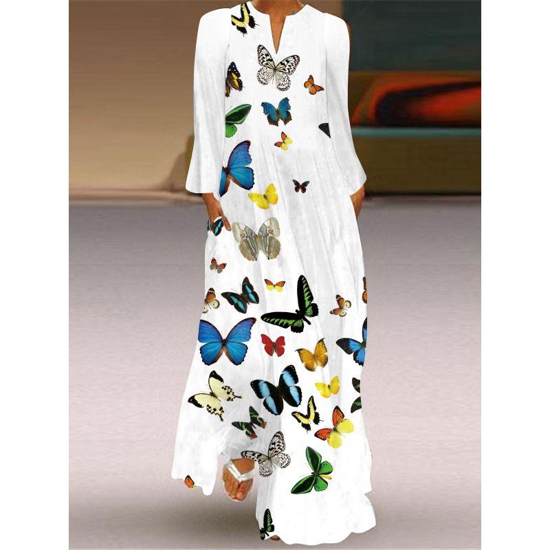 Purple Butterfly Pattern 3D Print V-neck Long-Sleeve Dress Stage Show Women's Travel Holiday Style Beach Dress