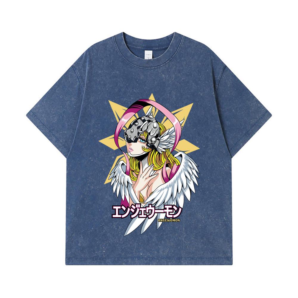 

275 GSM Washed T-shirts 100% Cotton Digimon V5 Angewomon Print Unisex Heavy Cotton T Shirt 2XL королівський синій колір