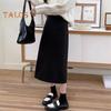 Women A-Line Skirt Elastic High Waist Solid Color Retro Slit Skirt Solid Autumn Winter Slimming Skirt