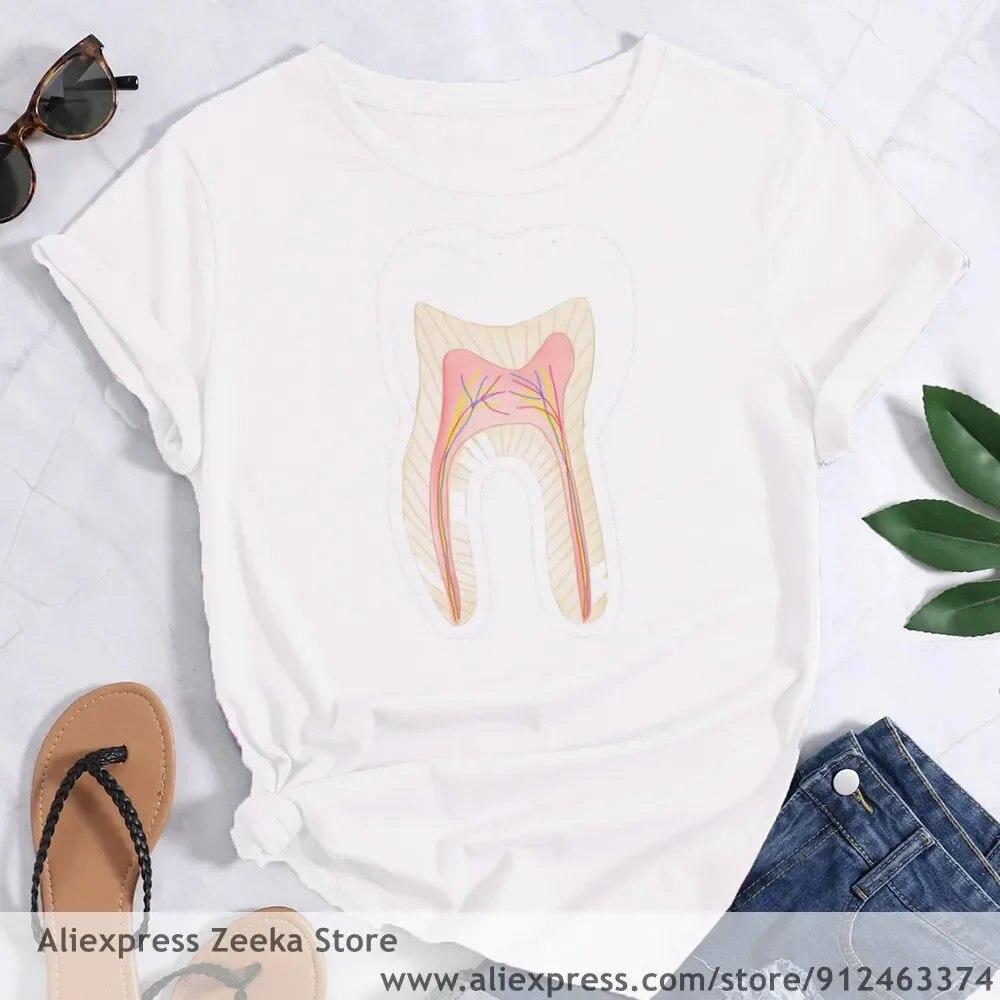 Zahn und Zahnarzt Grafik Ästhetik Frauen Lustige Print Damen T-shirt Mädchen Y2K Harajuku Basis O-kragen Weißes Hemd Kurze