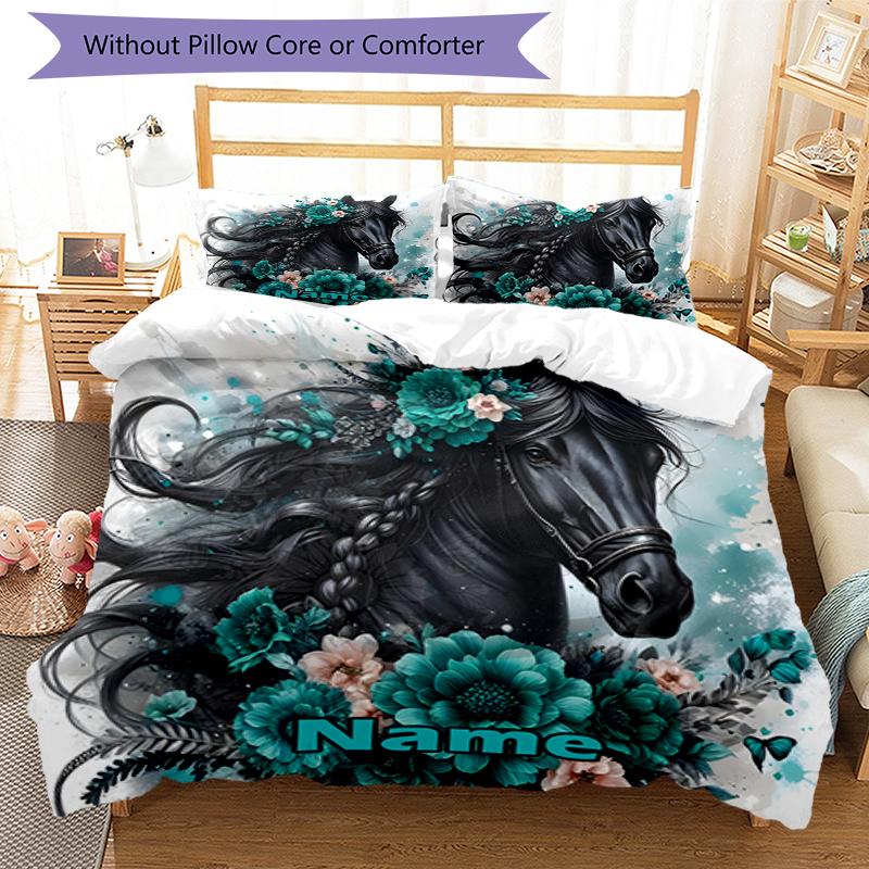 3pcs Custom Name Horse Bedding Set Duvet Cover Closure Includes 1 Duvet Cover & 2 Pillowcases, Soft and Comfortable for All Seasons.