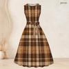 Women Plus Size Two Piece Set Plaid Printed 3 4 Sleeve Draped Cardigan Sleeveless Tie Waist Flared Dress