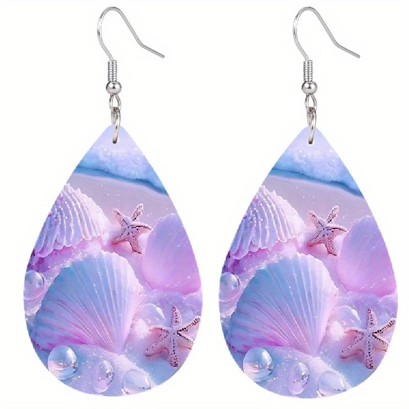 Beautiful Blue/Pink Seashell Starfish Beach PU Leather Earrings for Women Fashion Creative Earrings Double-sided Print Lightweight Earrings