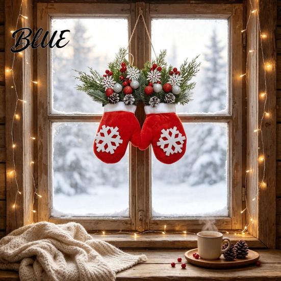 Christmas Party Decorations Mitten Door Hanger Red White Glove Ornament with Pine Cone Berries Reusable Holiday Ornaments Fabric Wall Decor