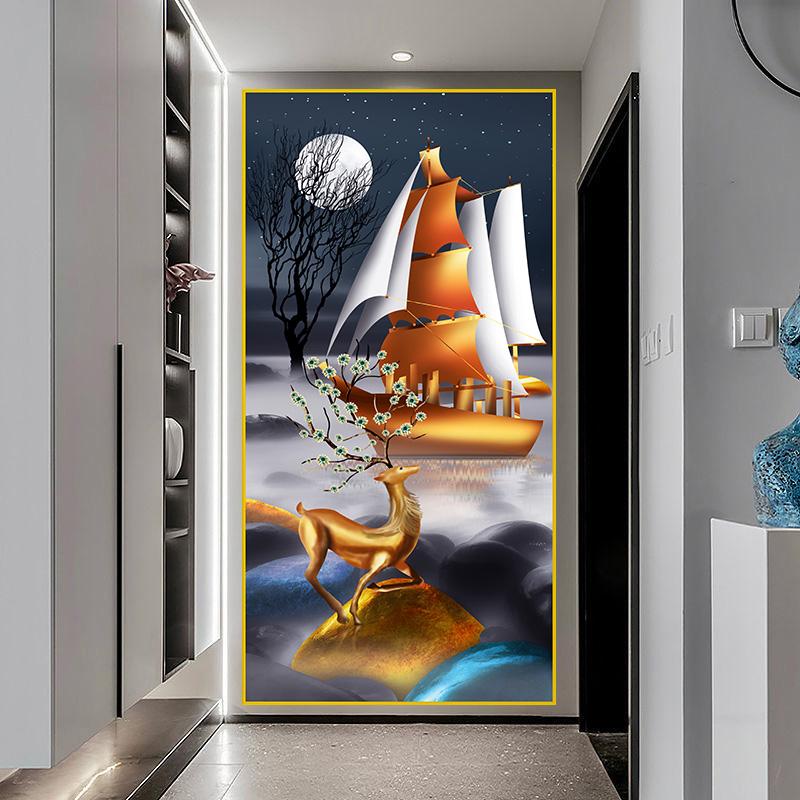 New Chinese Golden Deer Rich Tree Canvas Painting Wall Art Luxury Gold Flowers Posters Prints for Corridor Interior Decor Quadro