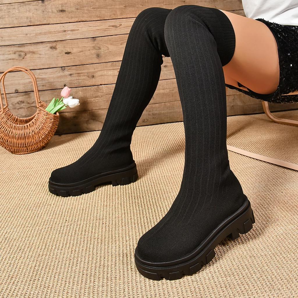 Mode Neue Frühling/Herbst Damenstiefel Mittelhoch Absatz Slipper für Damen Outdoor Kleid Rund Zehenbereich Sockenstiefel Blockabsatz Plateauschuhe