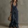 Women S Vintage Bohemian V Neck Short Sleeve Ruffled Long Dress