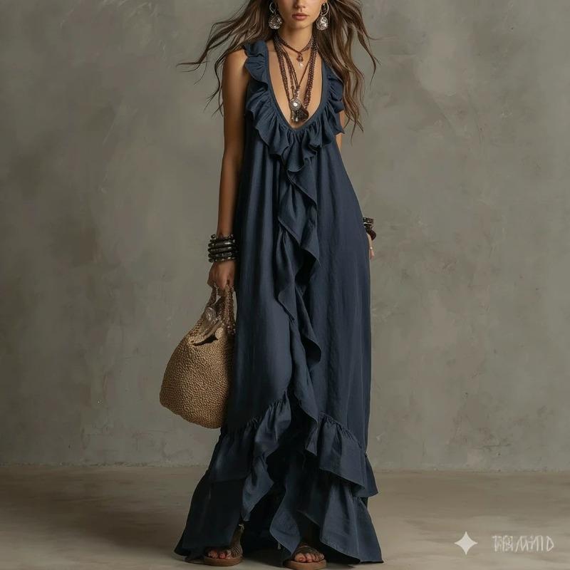 Women S Vintage Bohemian V Neck Short Sleeve Ruffled Long Dress