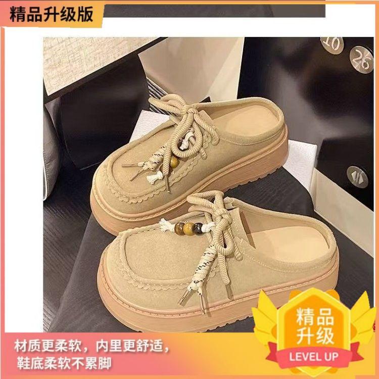 

2025 spring and autumn new Mori half slippers women wear fashionable and comfortable lazy one pedal bag head light board shoes 35 хаки