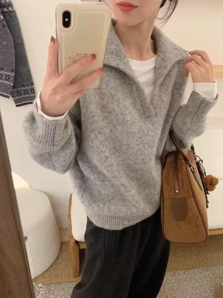 Women's Pure Wool Lapel Sweater, Autumn/Winter 2025, Thick Knit Loose POLO Collar Pullover.