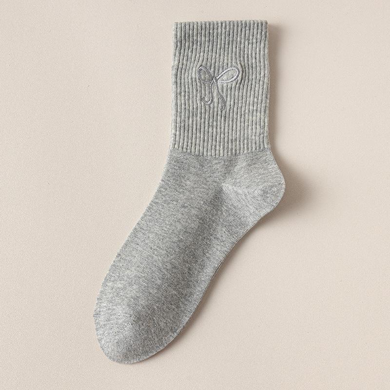 Solid Color Versatile Mid-calf Socks, Simple Long Socks for Autumn and Winter, Cute Bow Cotton Socks, Women's Socks for Spring and Autumn