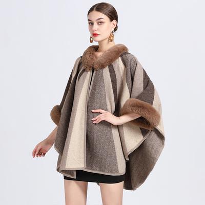 Winter Damen Schal Cape Pelzkragen Jacquard Große Strickjacke Sieben-Punkt-Ärmel Tweed-Jacke