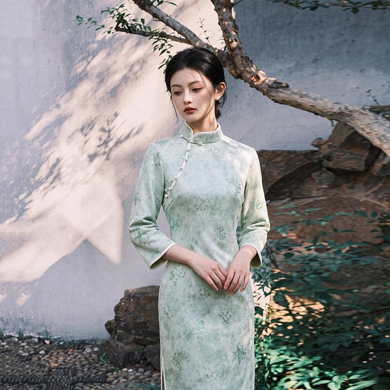 Green New Chinese Suzhou Long Sleeve Cheongsam Mid Sleeve Improved Young 1011 New Women's Premium Spring and Autumn