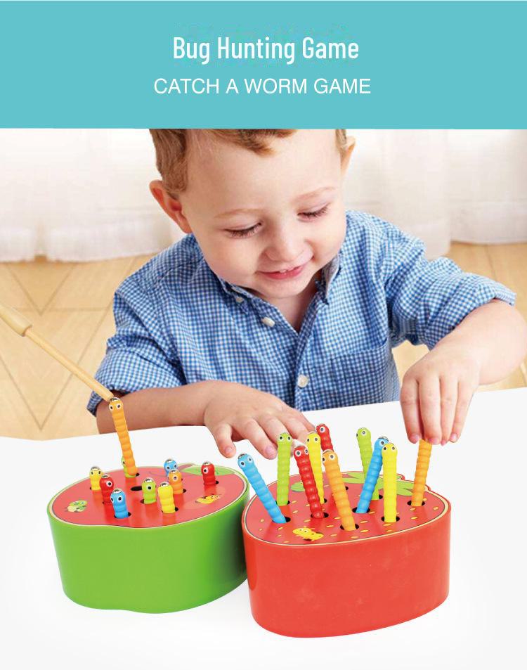 Magnetisches Wurmfangspiel aus Holz – Montessori-Früherziehungsspielzeug für Hand-Auge-Koordination und Konzentration