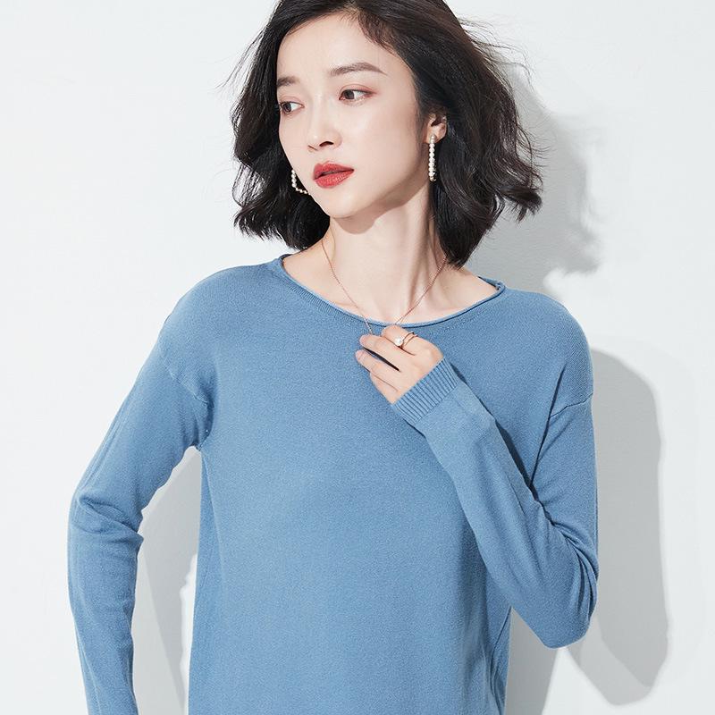 Autumn/Winter Women's Wool Sweater: Round & V-Neck, Rolled Edge, Long Sleeve, Thin Knit Top