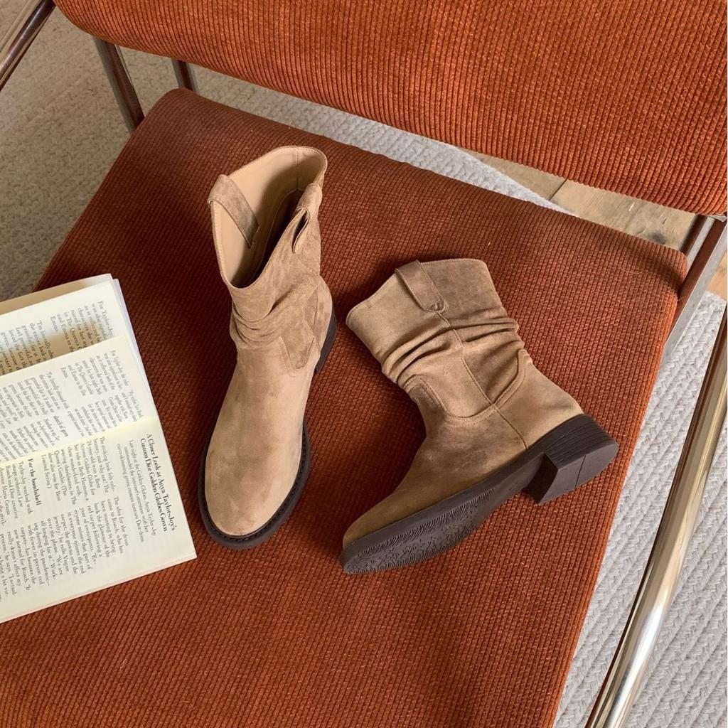 2025 New Round Head Pleated Thick Heel Low Tube Thin Martin Autumn and Winter Hot Girl Women Martin Boots