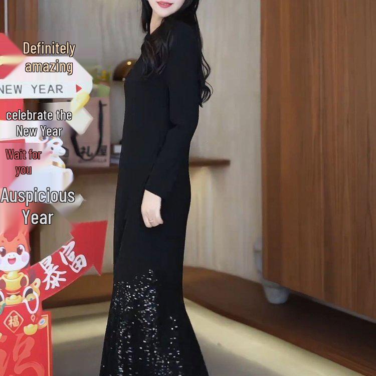 Elegantes hohes Damen-Pailletten-Netz-Midikleid - Tailliert & Schlankmachend