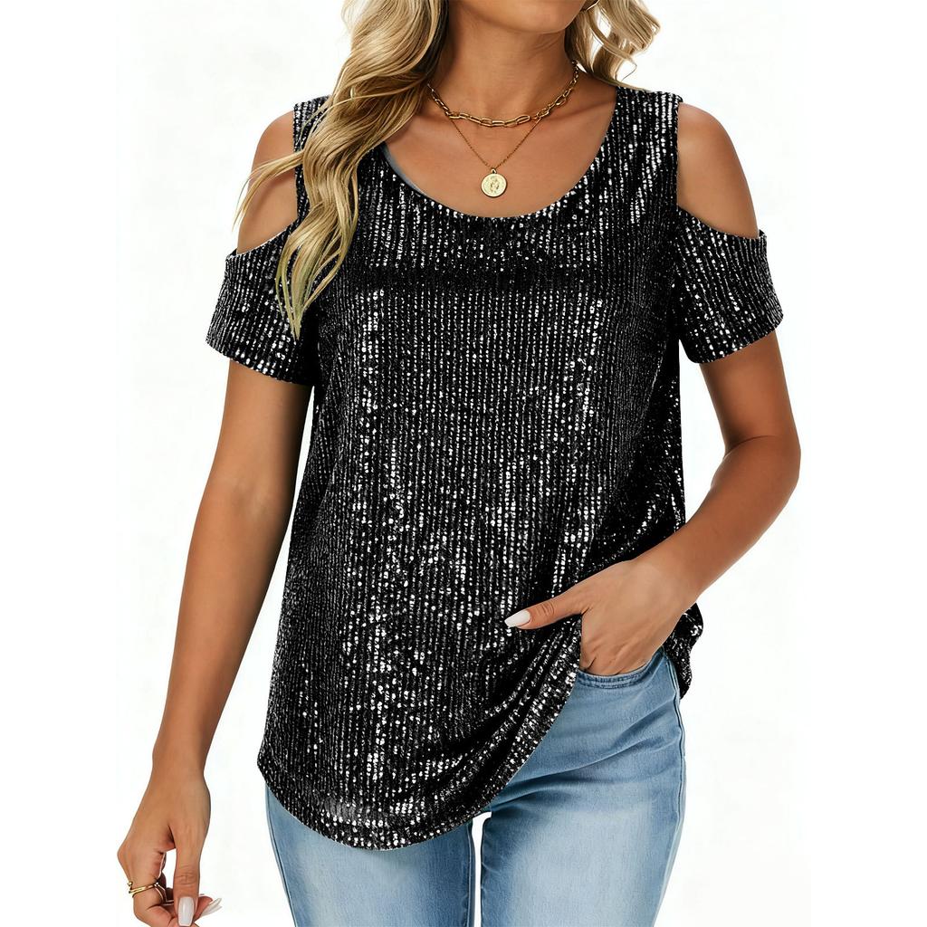 Ladies' Fashionable And Comfortable Loose Sequined Short Sleeved Top