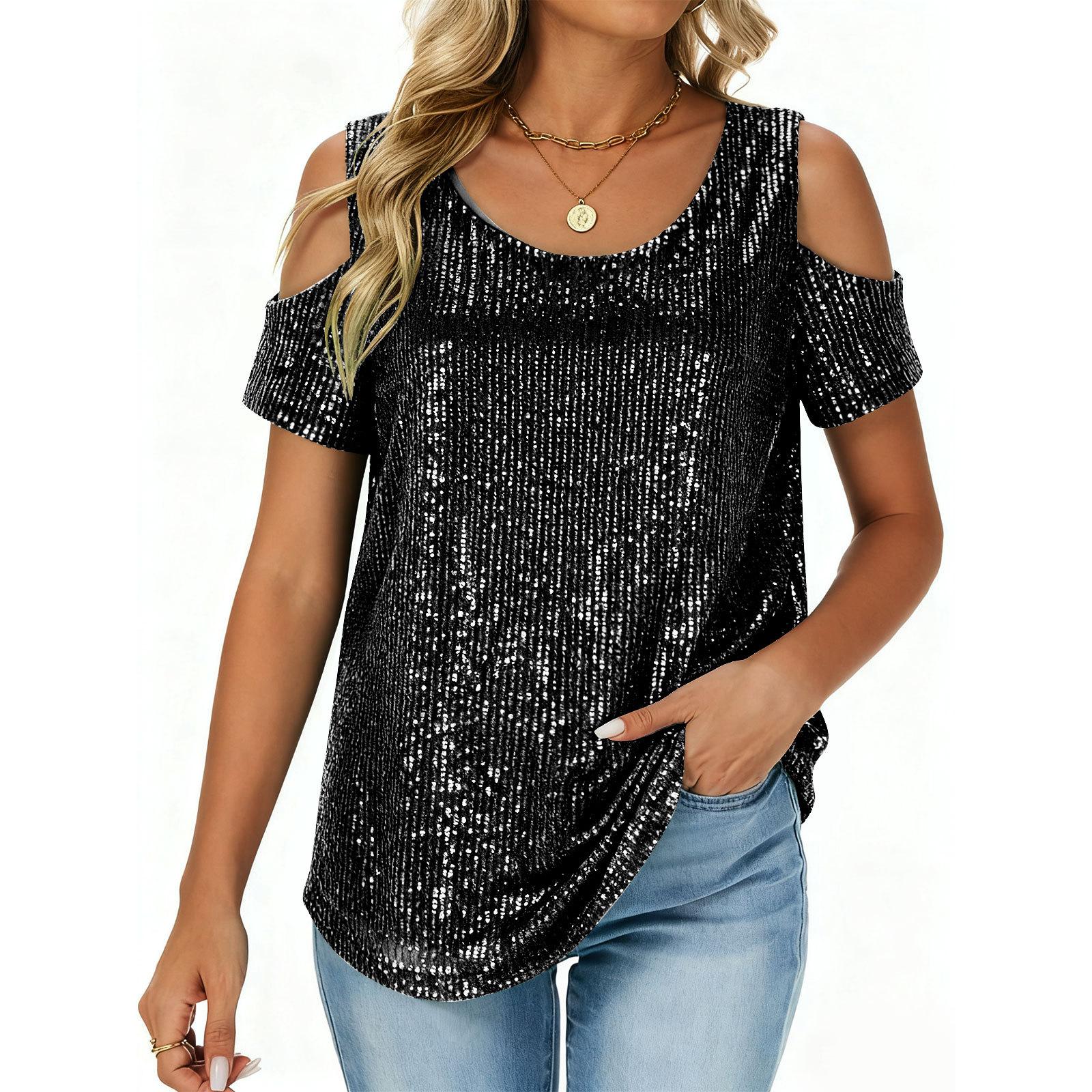 Ladies  Fashionable And Comfortable Loose Sequined Short Sleeved Top L чёрный