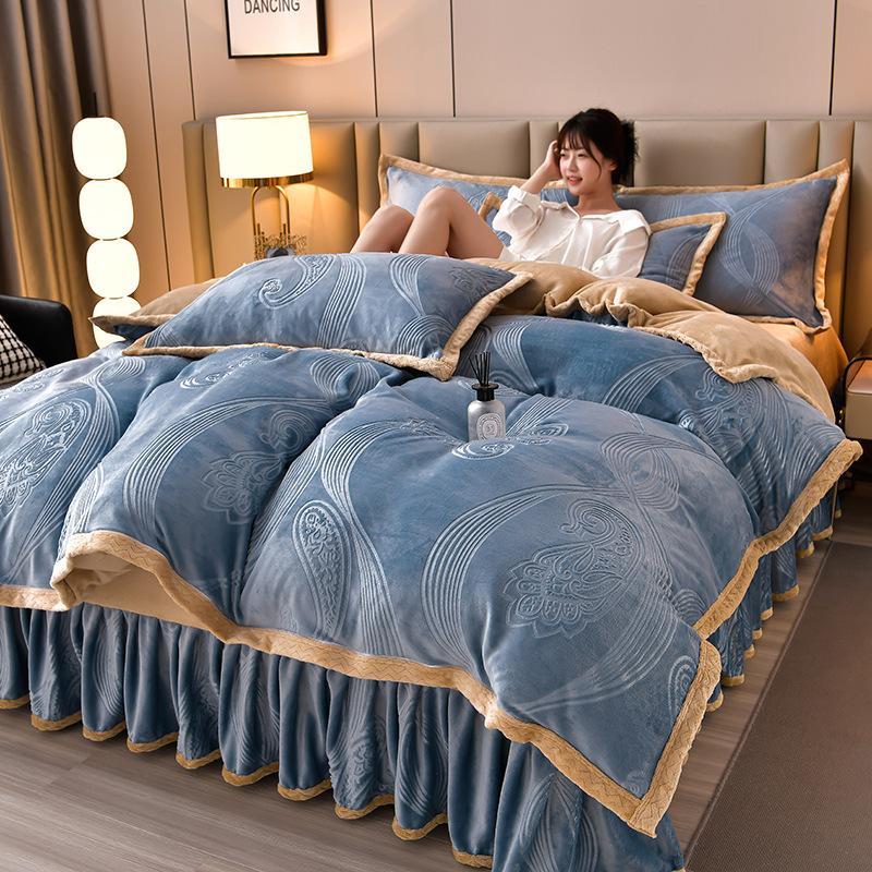 Class A Maternal And Infant Grade High-Gram Carved Fleece Milk Fleece Bed Skirt4-Pcs Set, Winter Double-Sided Fleece Quilt Cover