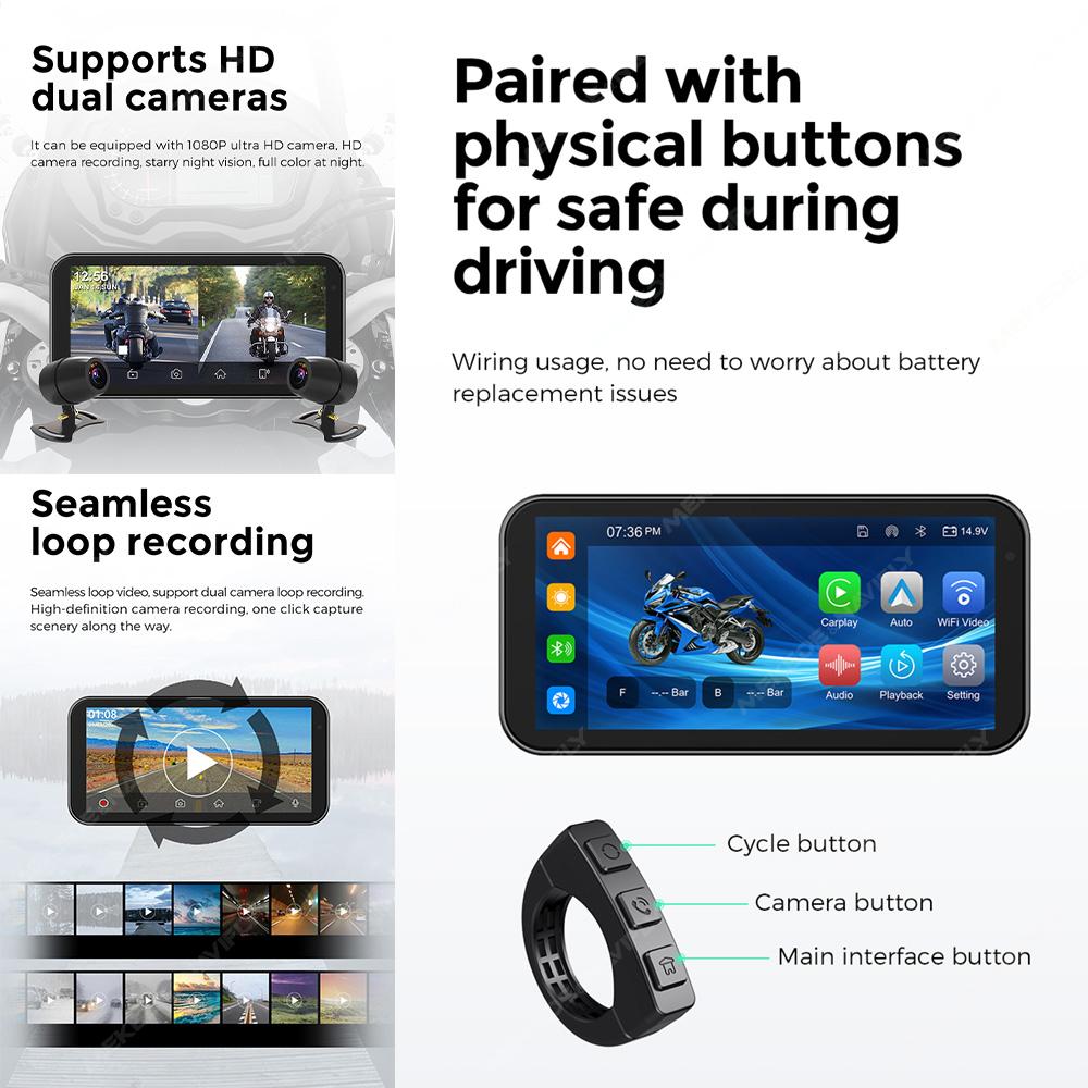 Wireless CarPlay Moto Android Auto  6.25inch Motorcycle GPS Navigation USB IP67 Waterproof Linux System Dual BT Dual CAM Recorde