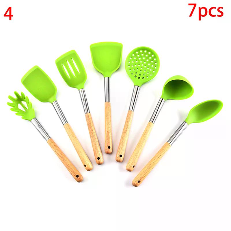 Silicone Kitchenware Non-Stick Heat-resistant Cookware Kitchen Utensils Set Spatula Shovel Spoon Wooden Handle Cooking Tool Set