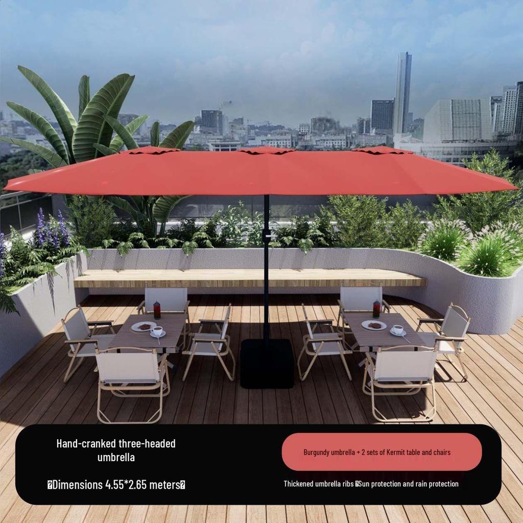 Large Outdoor Cafe & Terrace Sun Umbrella with Three-Head Center Pole