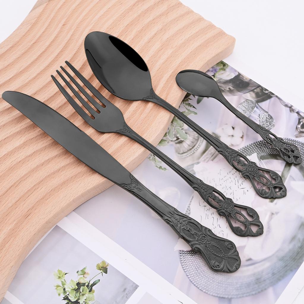 24 Teile/satz Vintage Geschirr Set Edelstahl Besteck Set Schwarz Besteck Set Messer Gabel Kaffee Löffel Geschirr Küche Besteck