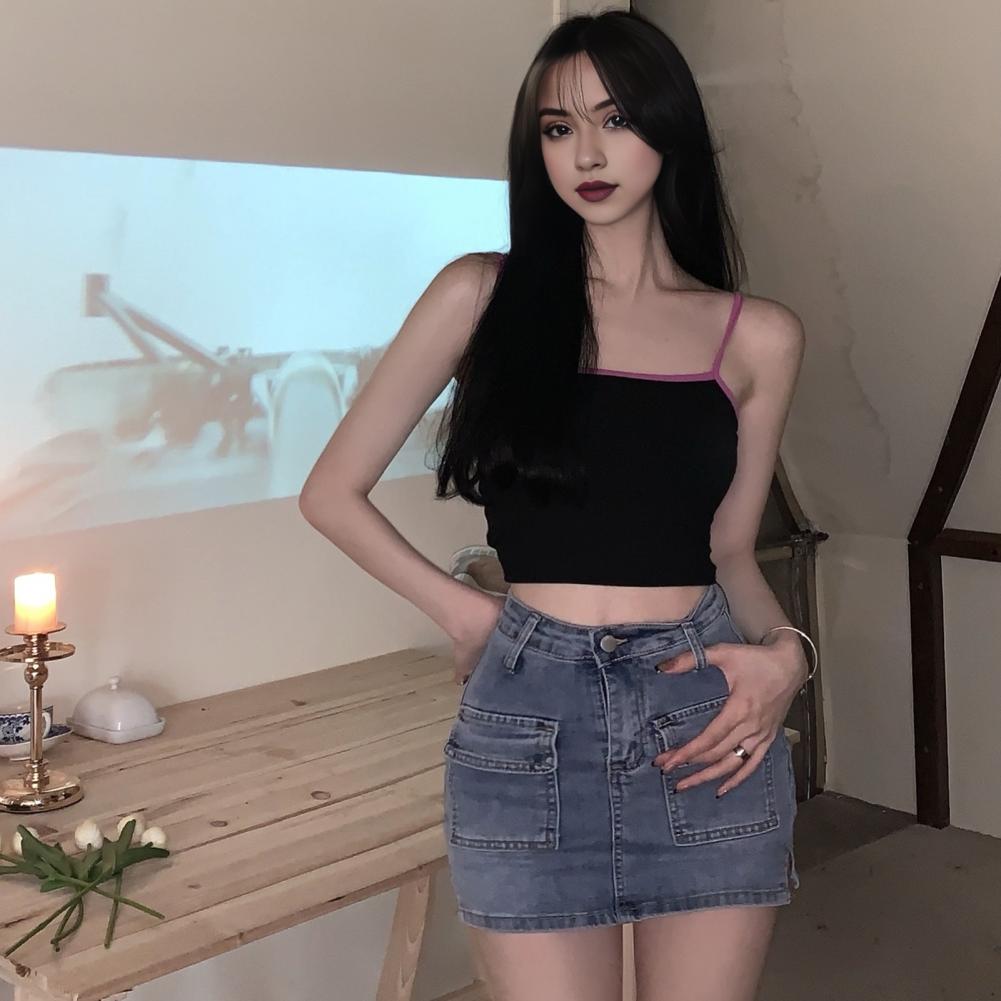 Summer Denim Skirt with Liner High Waist Button Zipper Fly Short Skirt with Fly Pockets Solid Color A-Line Hip Wrapped Skirt