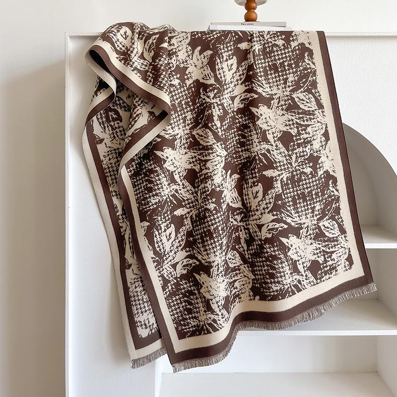 

Имитация кашемирового шарфа Женский зимний теплый утолщенный шарф-шаль для кондиционера Длинный шарф с цветочным узором 185*65cm коричневый