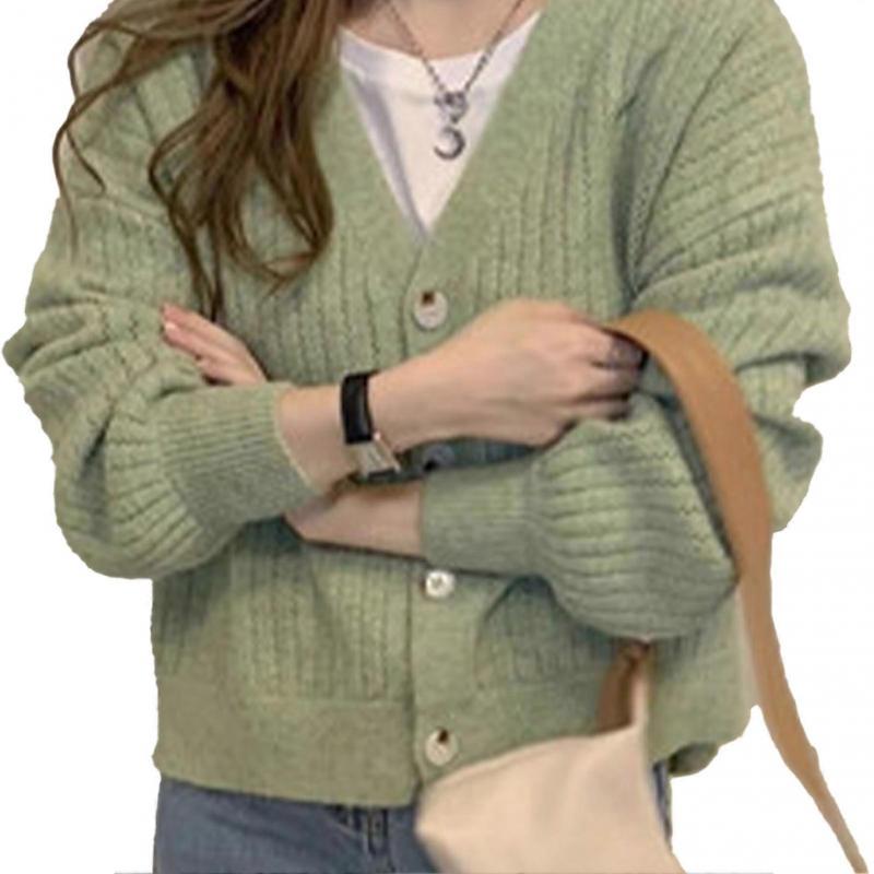 Women Knit Sweater Coat Loose Casual Long Sleeves V Neck Button Closure Knitted Sweater Coat Top