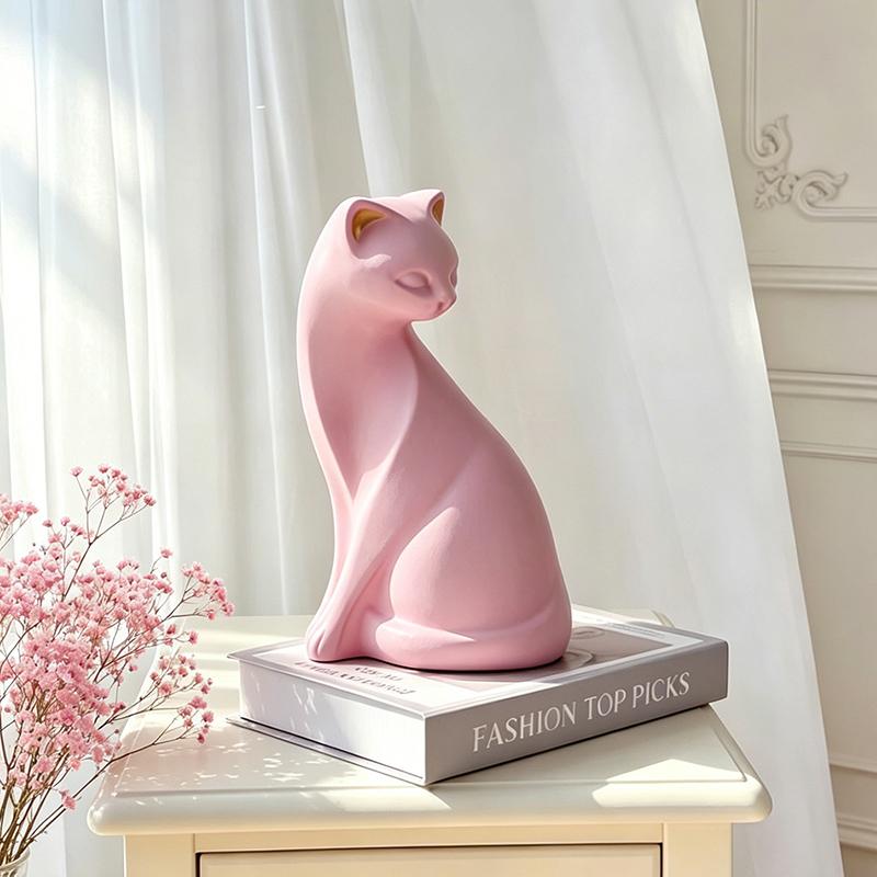 Minimalistische Rosa Katze Harzfigur Dekorative Skulptur Ornament mit Goldenen Ohrakzenten für Zuhause Wohnzimmer Tischplatte Display