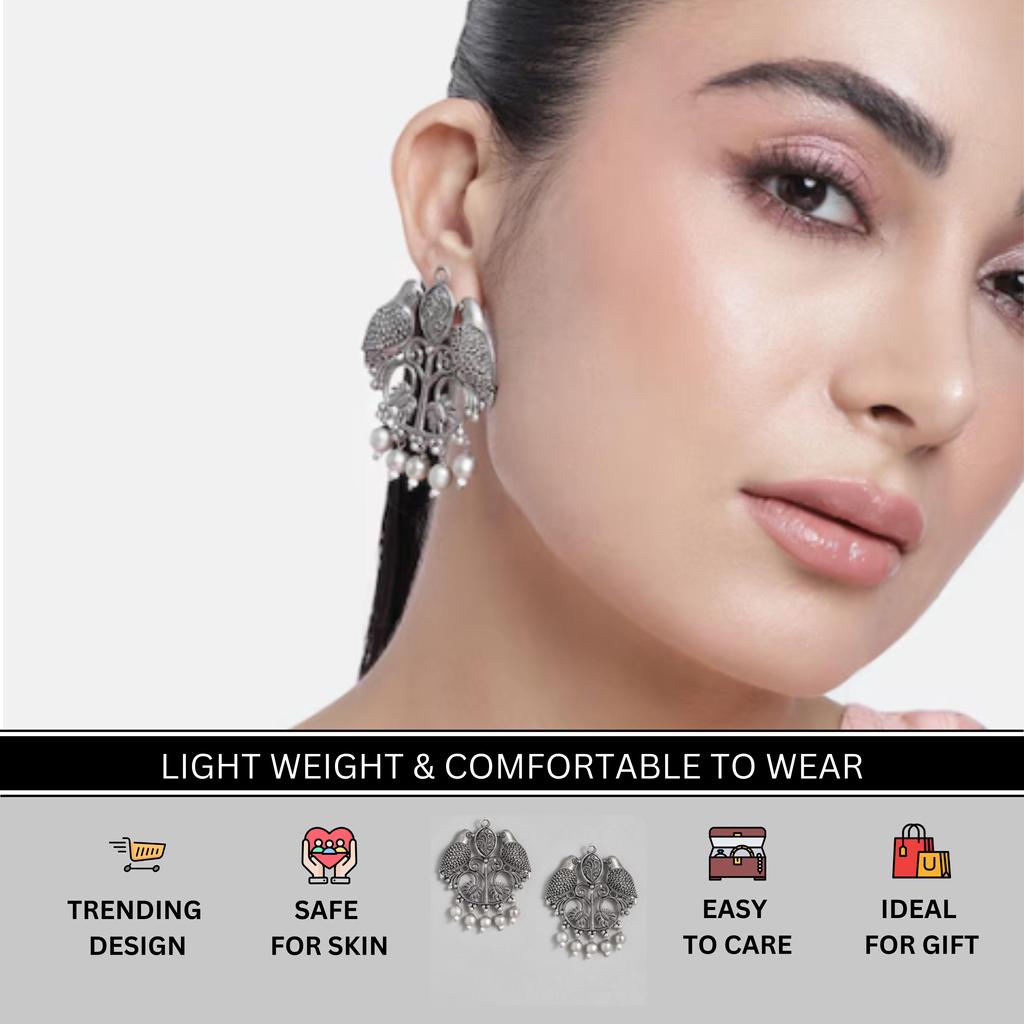 Oxidised Silver Polish Earrings, Silver Pearl Jewelry, Handmade Earring, Women Fashion Earrings