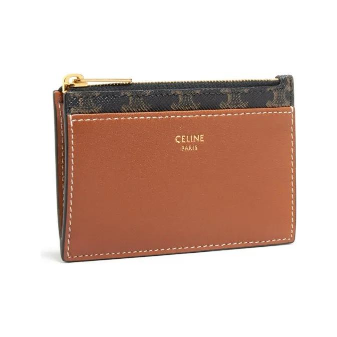 CELINE Triomphe Gold Metal Zipper Lambskin Cardholder Wallet Women's Tan