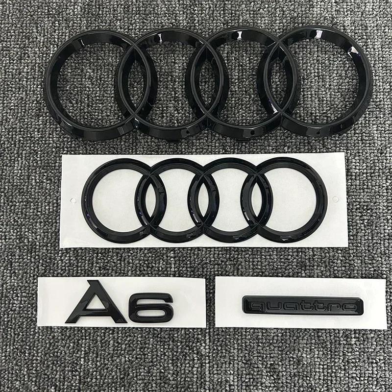 2PCS 4 Ring Logo ABS Black Car Hood Front Bonnet Grill Rear Trunk Emblem Sticker 1P A6 Mark 1P Quarrto For Q2 A6 2020-2023
