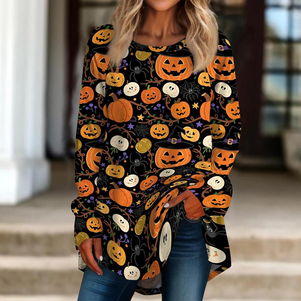 Women's Halloween Printed Pullover Top Loose Fit Neck Long Sleeve T-Shirt