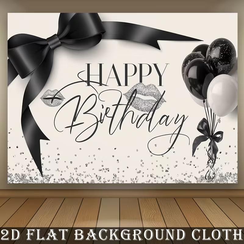 

2D Happy Birthday Polyester Backdrop, Black Bow Silver Glitter Lips Background for Party Decoration 47.2x31.5inch/120*80cm