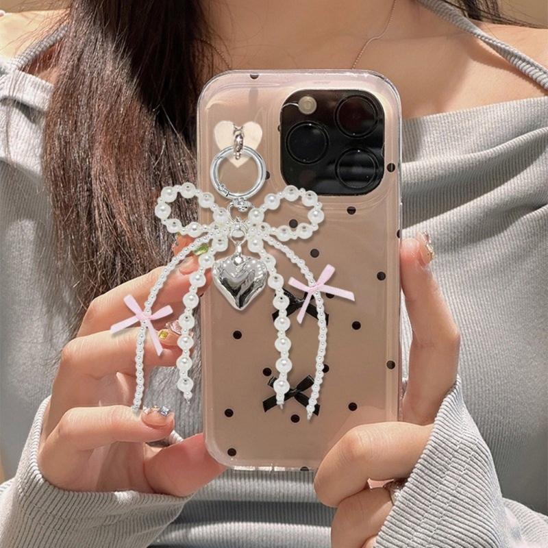 Elegant Pearls Bowknot Heart Charm Pendant Bag Decoration Bows Keychain Keyring Ornament Fashion Accessory For Women