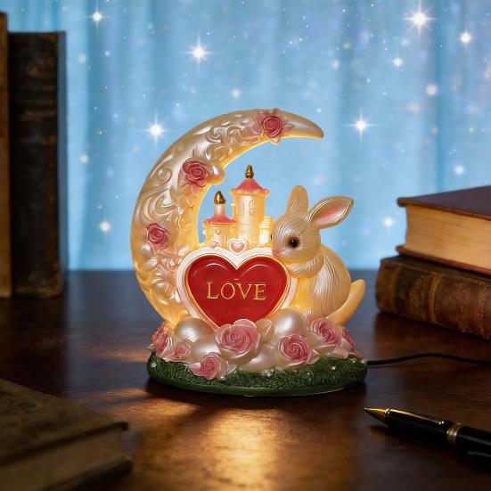 Easter Bunny Night Light Cute Bunny Moon Heart Table Lamp Resin Bedside Lamp for Kids Room Nursery Bedroom Decor